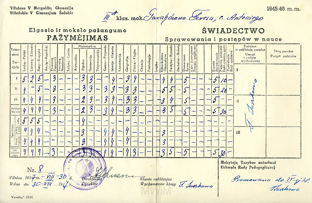 KKE 5815.jpg - (polski-litwski) Dok. Świadectwo szkolne wystawione przez V Gimnazjum Żeńskie w Wilnie z klasy IIIa dla Teresy Graszko, Wilno, 30 VIII 1947 r.